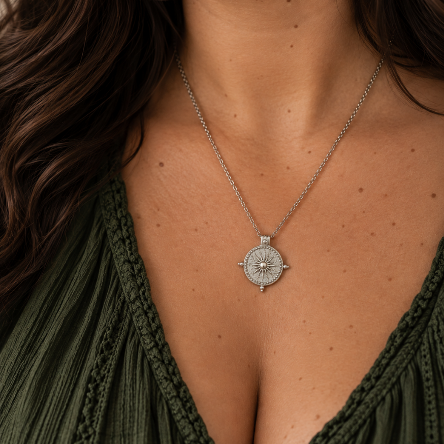 SUNDIAL PENDANT NECKLACE, SILVER