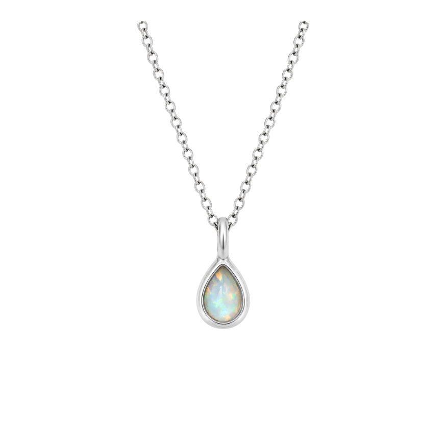 TEARDROP FIRE OPAL PENDANT NECKLACE, SILVER