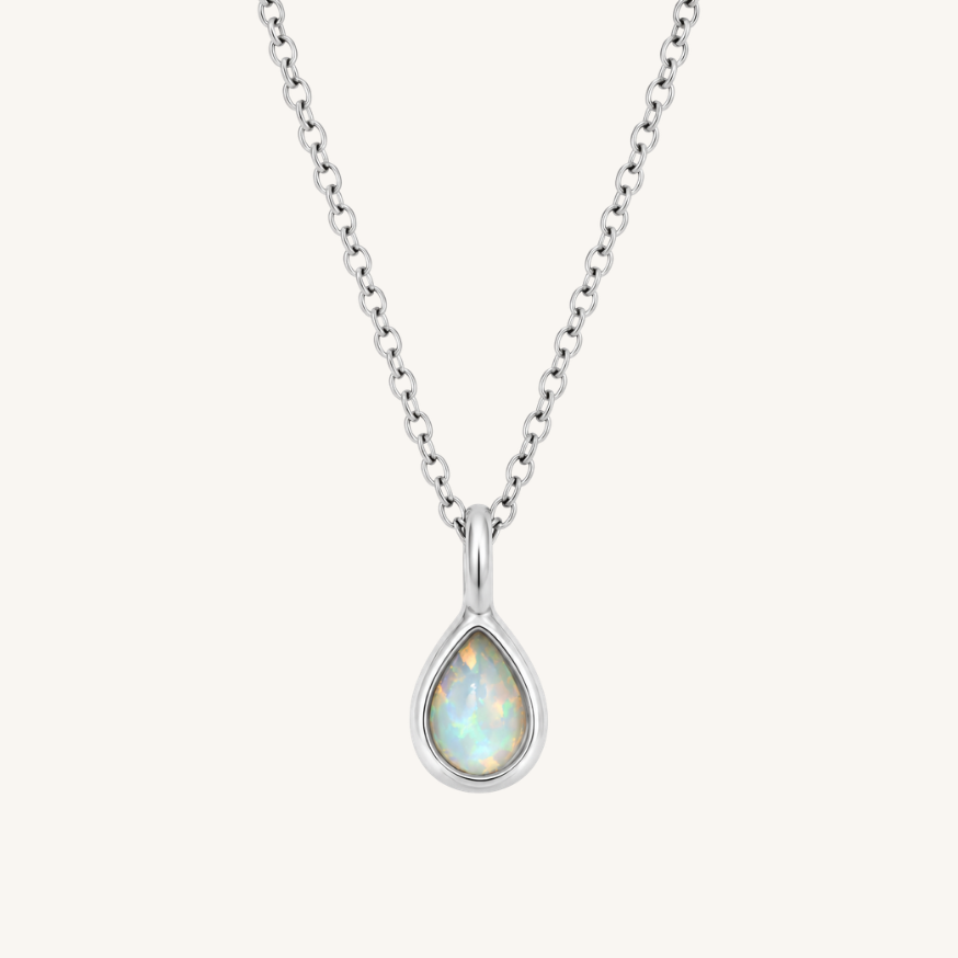 TEARDROP FIRE OPAL PENDANT NECKLACE, SILVER