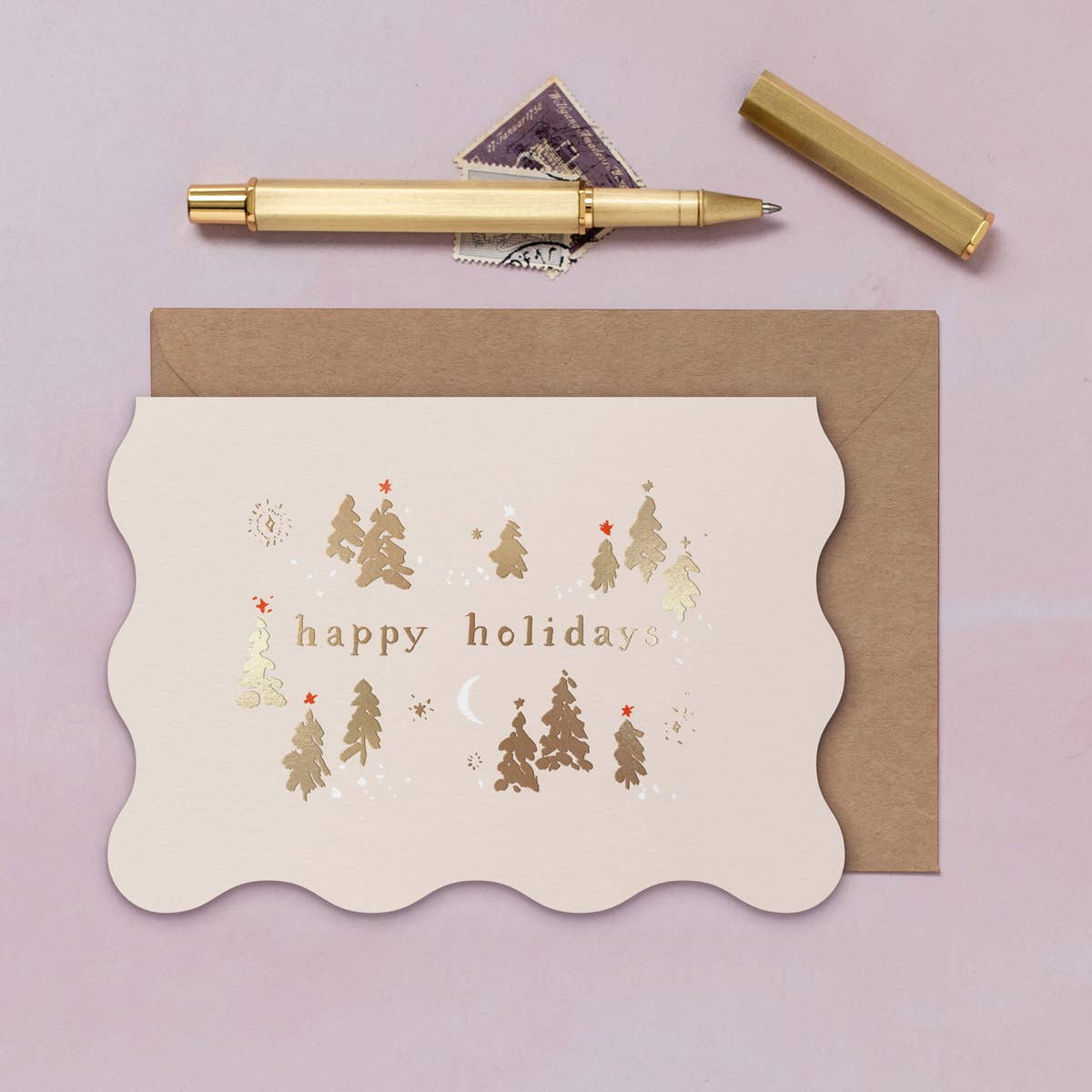 Trees Happy Holidays Card | Christmas Card, Beige & Gold
