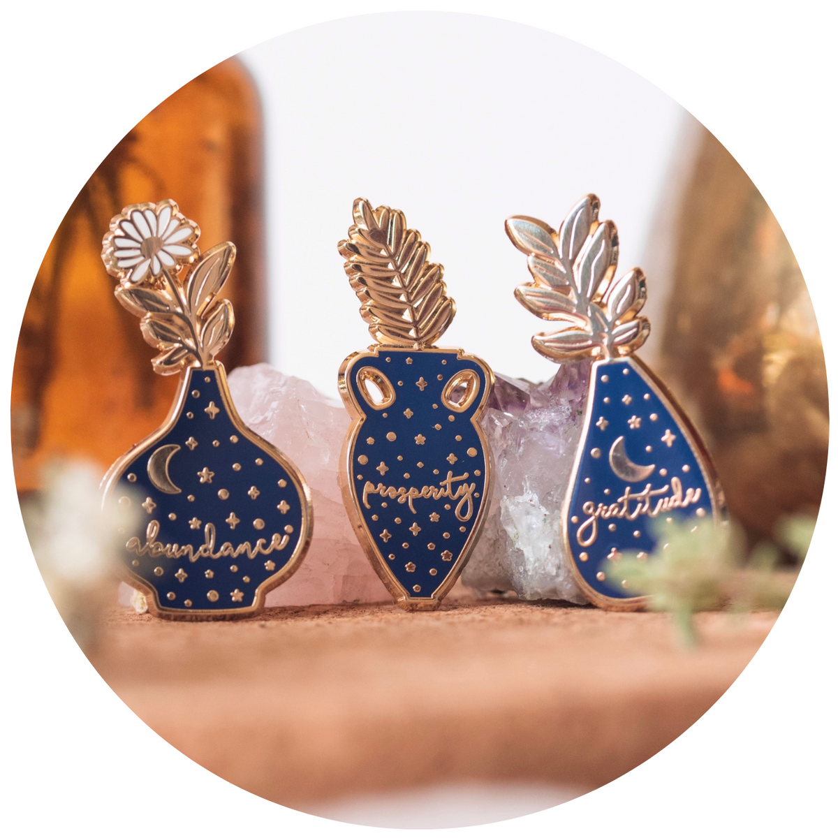 ABUNDANCE VASE ENAMEL PIN SET, BLUE AND GOLD