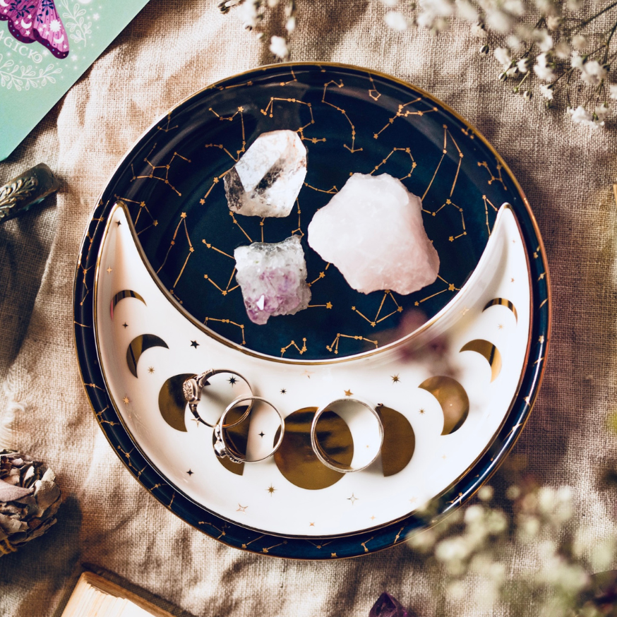 CONSTELLATIONS CERAMIC NESTING MOON DISH SET, MIDNIGHT BLUE, WHITE & GOLD