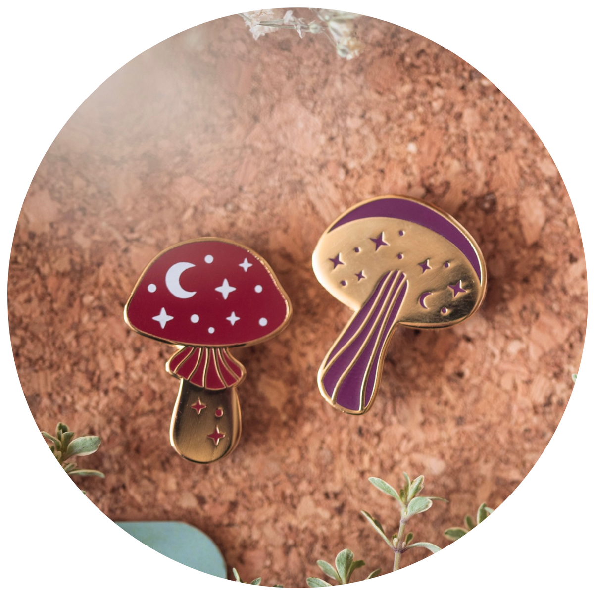 MINI MUSHROOMS ENAMEL PIN DUO SET, PURPLE, RED AND GOLD