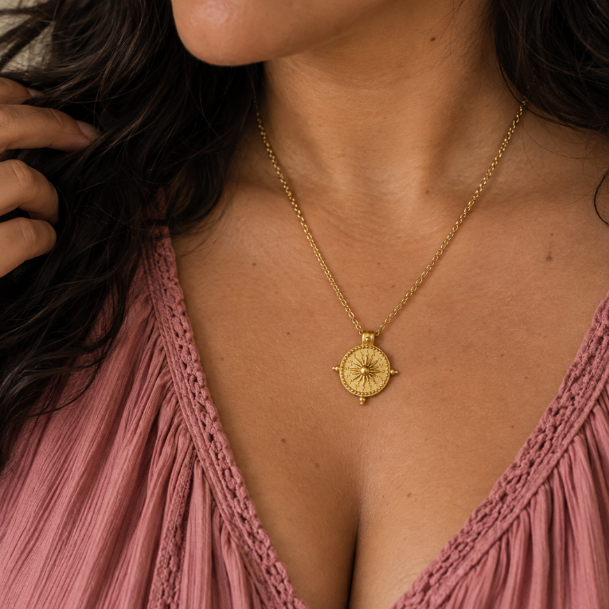 SUNDIAL PENDANT NECKLACE, GOLD