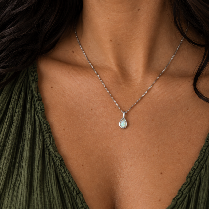 TEARDROP FIRE OPAL PENDANT NECKLACE, SILVER